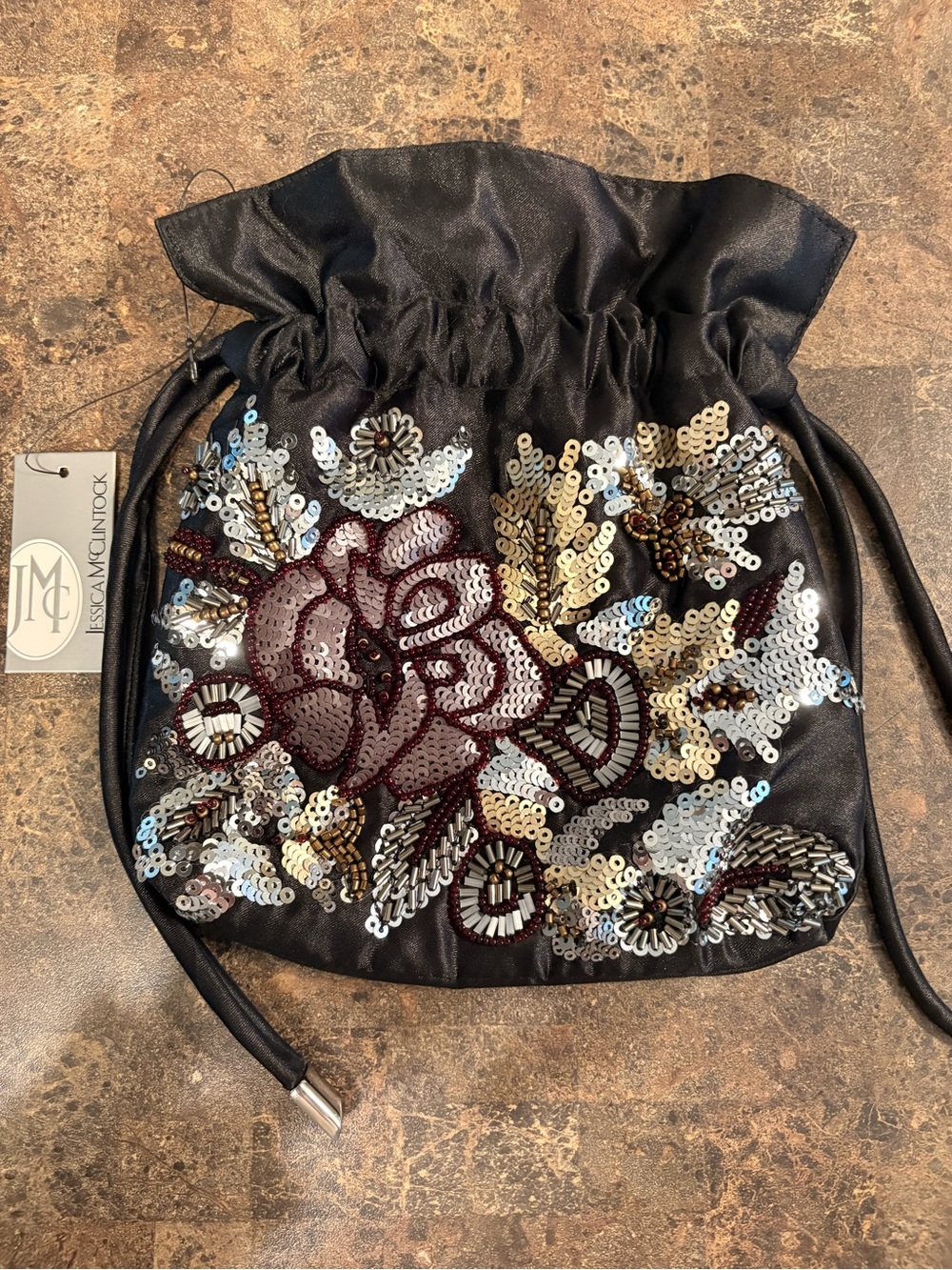 Jessica McClintock Black Floral Sequin Drawstring Pouch